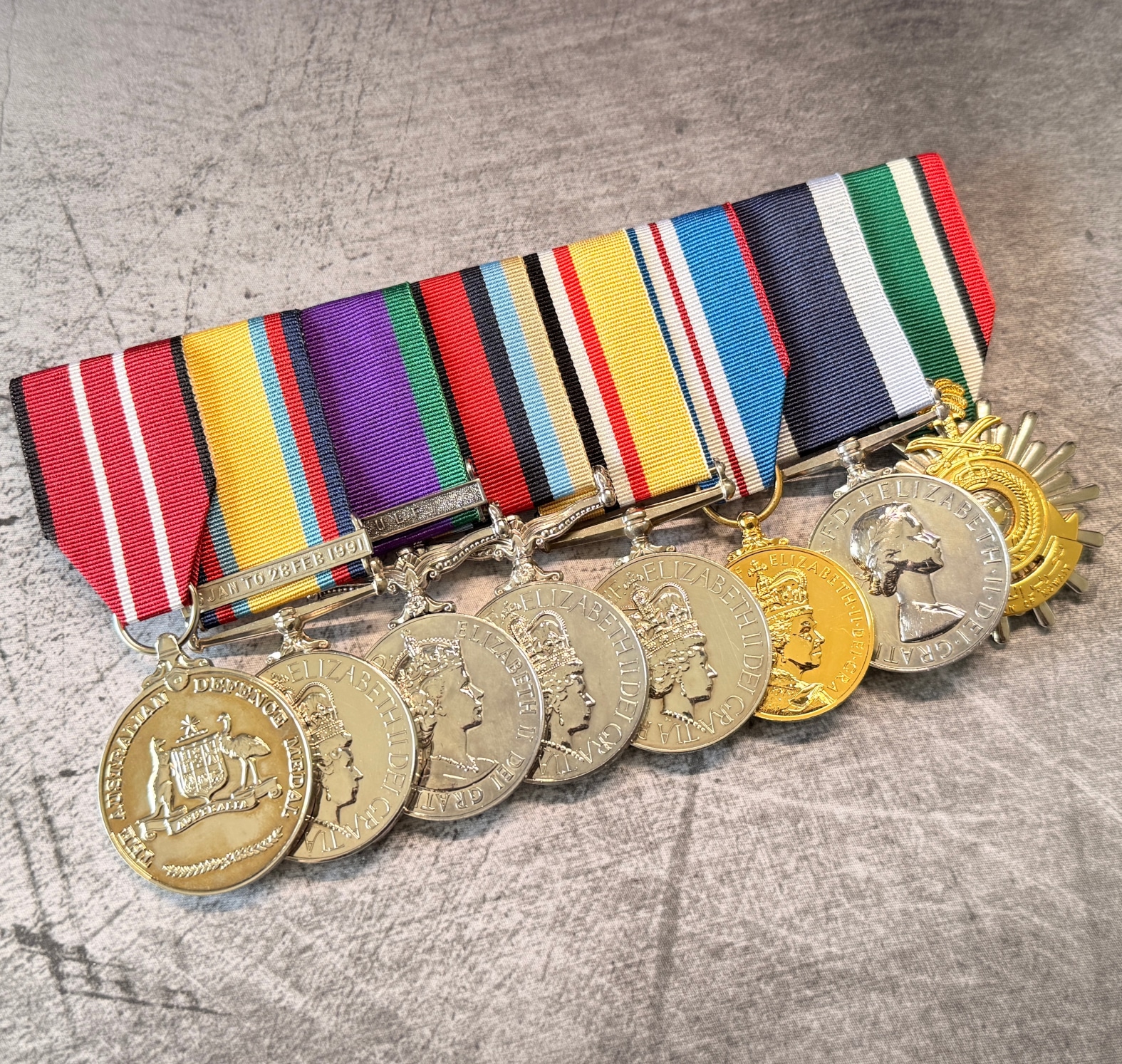 Swing mounted medals front